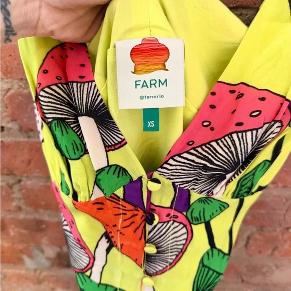 Farm Rio Neon Yellow Mushroom Print Button Front Midi Dress Size XS - Picture 3 of 6